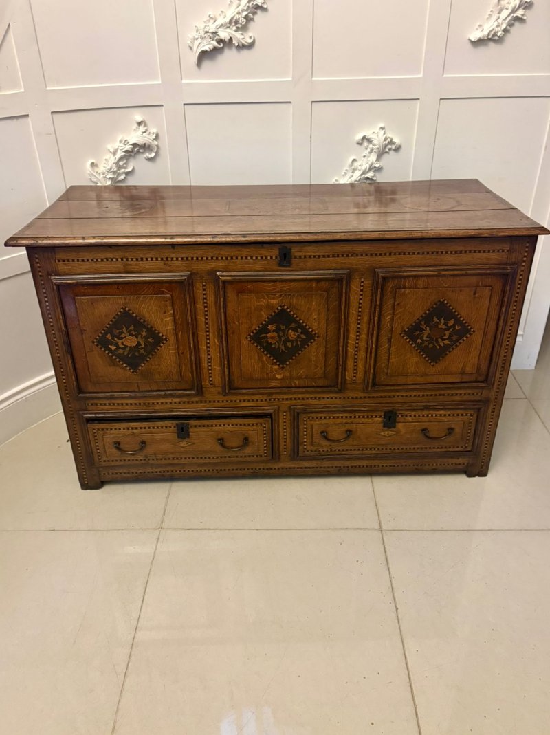 Exceptional Quality 17th Century Antique Oak Mule Chest with Marquetry Inlay